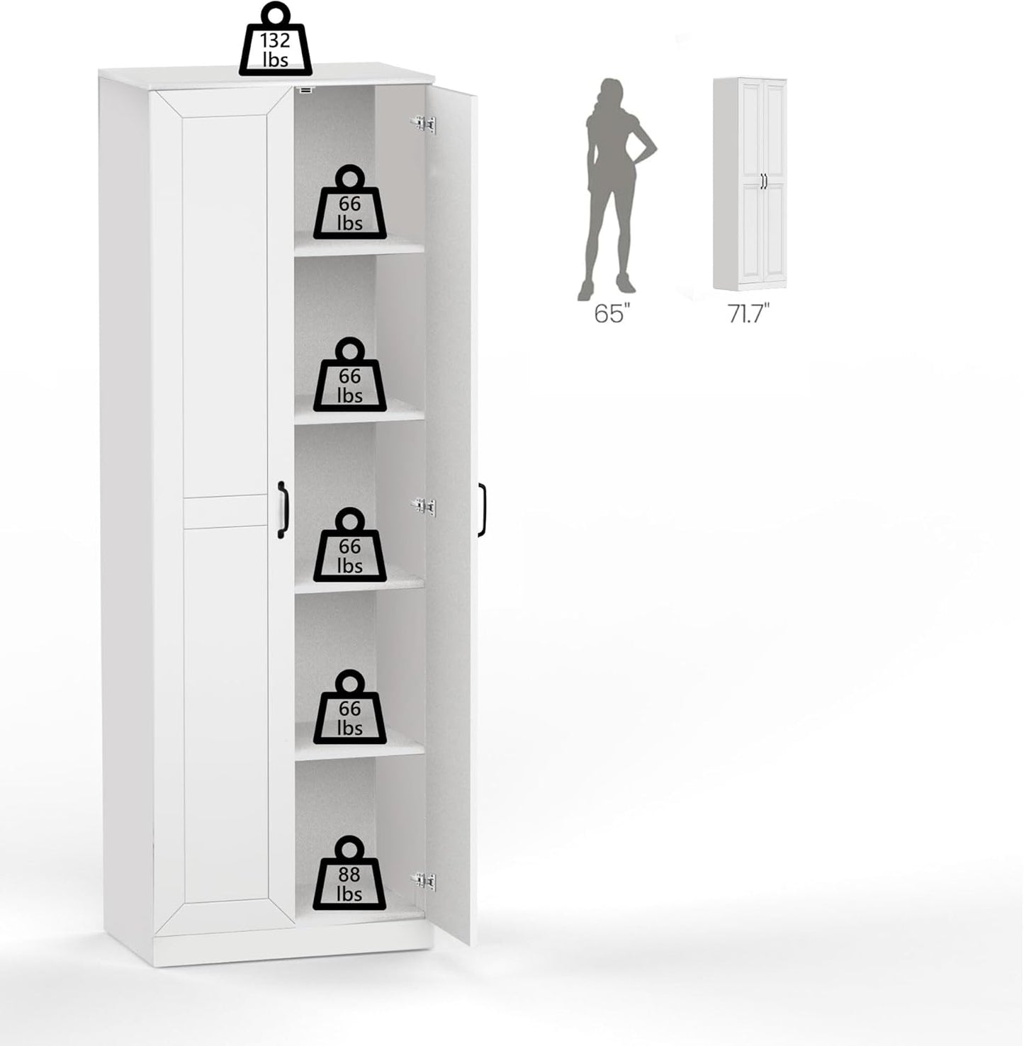 71" Tall Pantry Cabinet/Storage Cabinet, Wood Cupboard with 2 Door and 3 Adjustable Shelves for Kitchen, Dining Room, Living Room, Bathroom (Style 2)