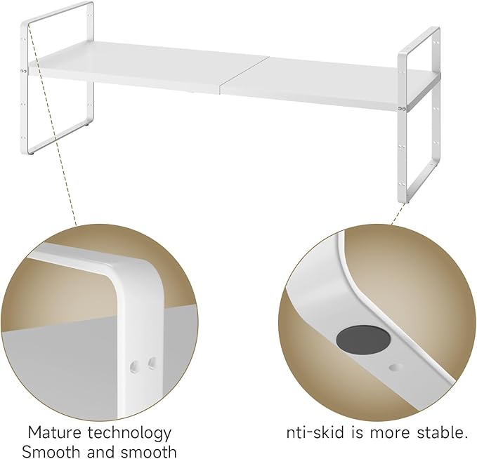 16.5~27.1" Expandable Shelf Organizer, 1Pack 8.1" Wide Stackable Cabinet Shelf Organizers, White Metal Sturdy Kitchen Counter Storage for Countertop, Adjustable Height Spice Rack