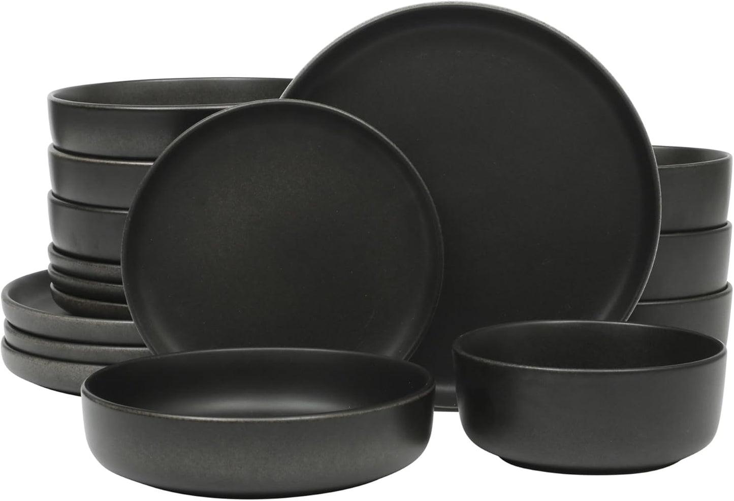 Gibson Elite Pasco 16 Piece (Service for 4) Plates and Bowls Double Bowl Reactive Glaze Dishes Stoneware Ceramic Dinnerware Set - Black