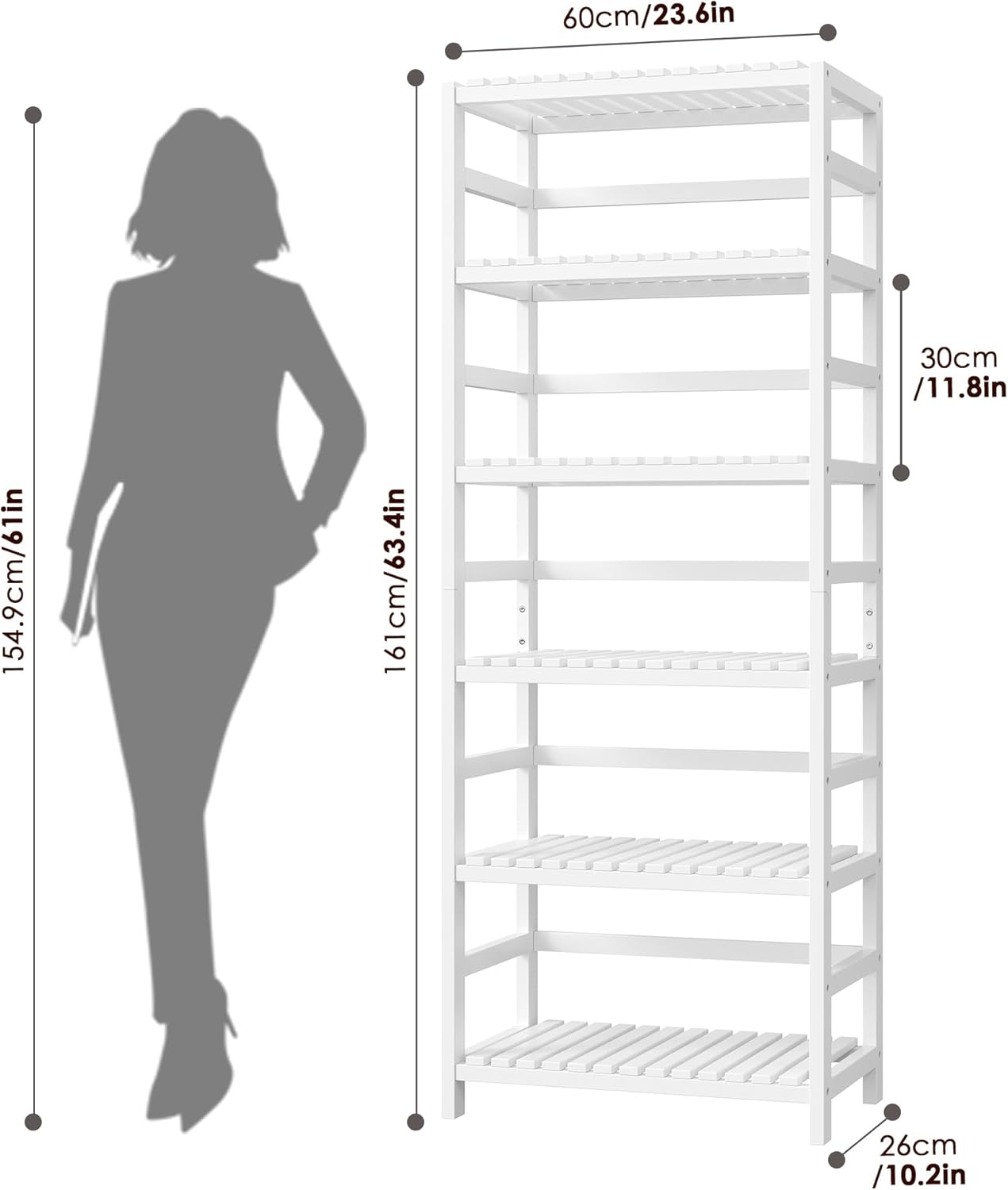 FOTOSOK 6-Tier Bamboo Shelf, Bamboo Bookcase with Adjustable Shelves, Free Standing Storage Shelf Unit, Plant Flower Stand for Bathroom, Kitchen, Home Office, White
