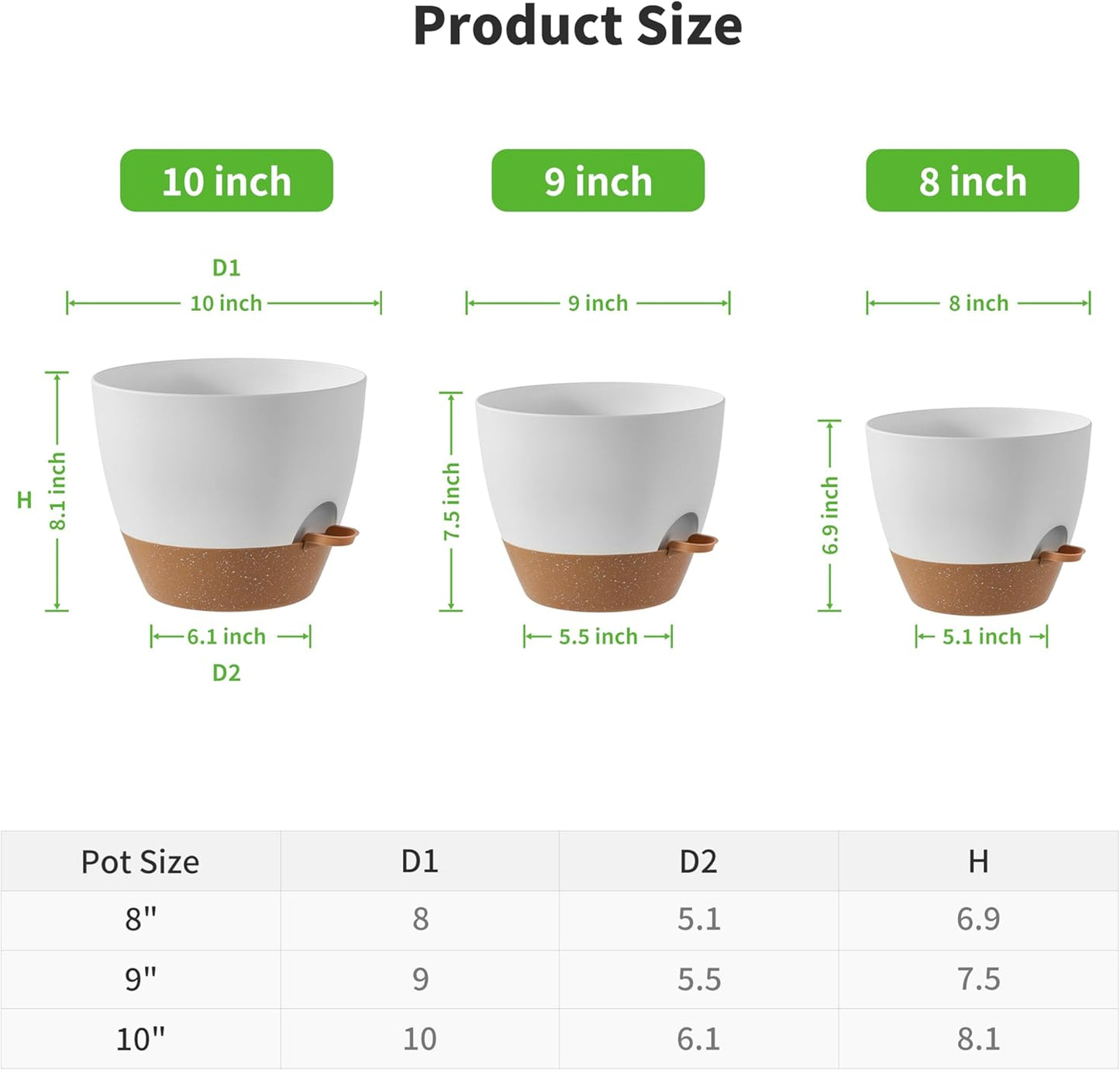 FaithLand 3-Pack Planter Pots, 10 9 8 Inch Self Watering Flower Pots for Indoor Outdoor Garden Plants, White with Brown