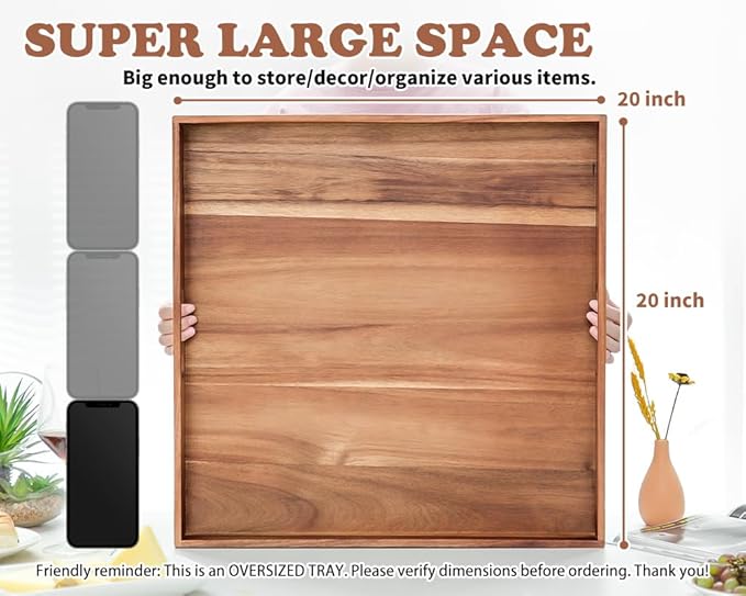 Large Ottoman Tray for Living Room, 20" Extra Large Tray for Ottoman Square Acacia Serving Trays with Handles for Coffee Table, Breakfast, Appetizers, Dinner