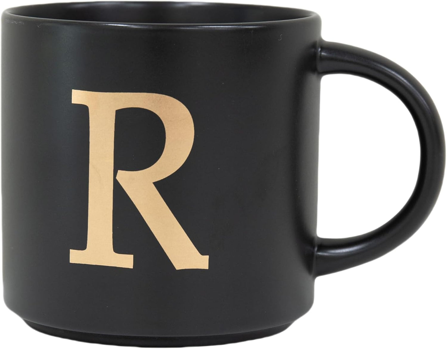 COLLECTIVE HOME - Monogram Ceramic Mugs, 15 oz Golden Initial Black Coffee Cups, Elegant Alphabet Tea Mugs, Elegant Personalized Mug with Gift Box, Unique Mug with Double Side Capital Lette (R)