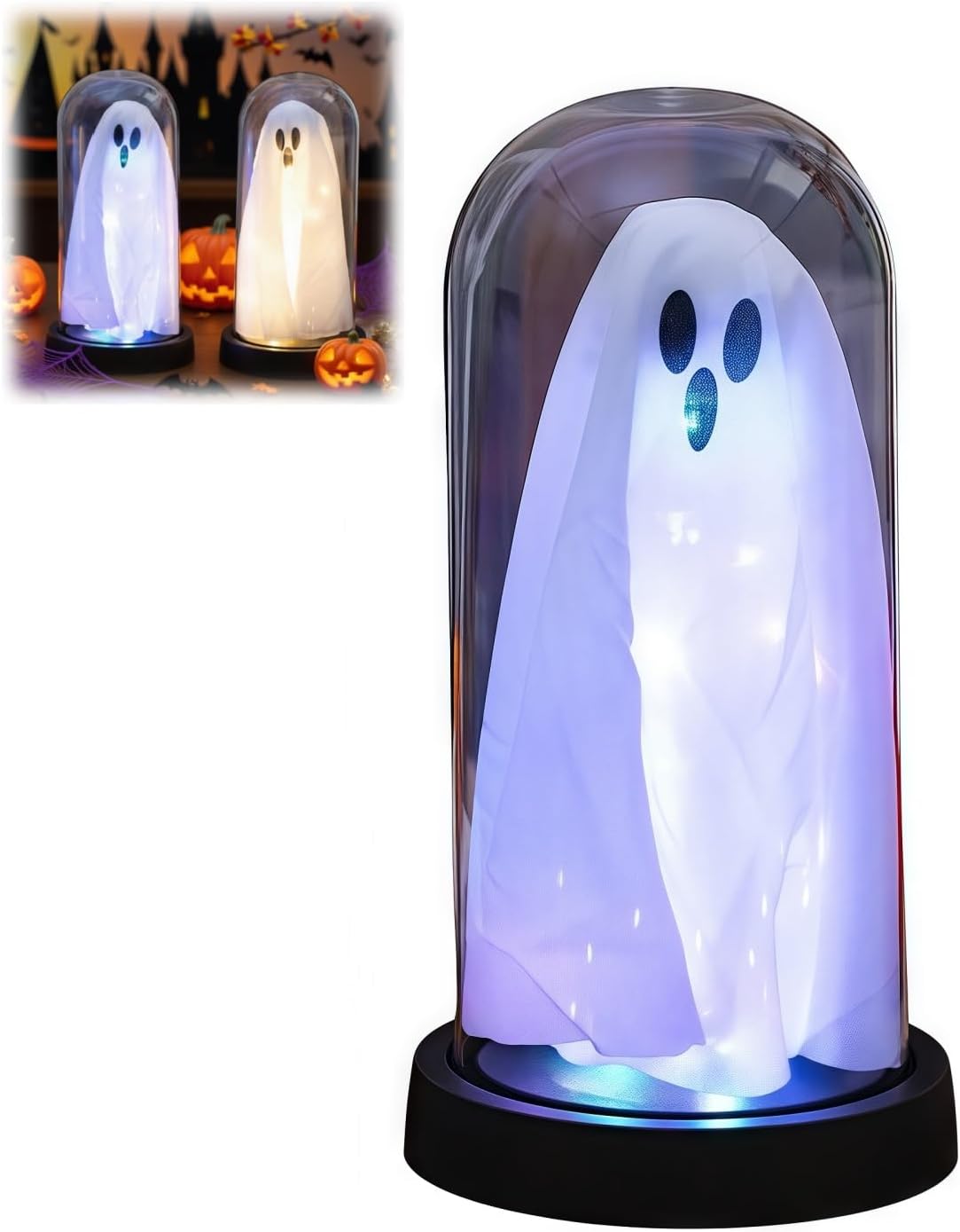 Light Up Ghost in Glass Cloche,Halloween Decorations Indoor,Cute LED Ghost Decor for Mantel,Tabletop,Cute Decorative Ornaments Suitable for Halloween Parties and Festivals(Colored Light,PVC Cover)