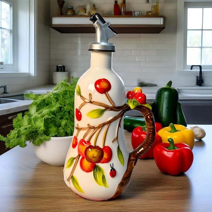 18.26oz/540ml Ceramics Olive Oil Dispenser Bottle,Hand Painted Reliefs Oil Dispenser for Kitchen,Oil Bottles for Kitchen (Cherry)