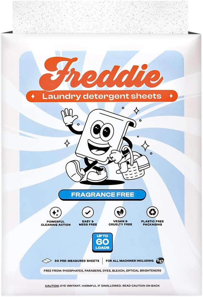 Freddie Low-Waste Laundry Detergent Sheets – Jug Free Format – Pre-Measured Strips – 60 Loads – Unscented for Sensitive Skin