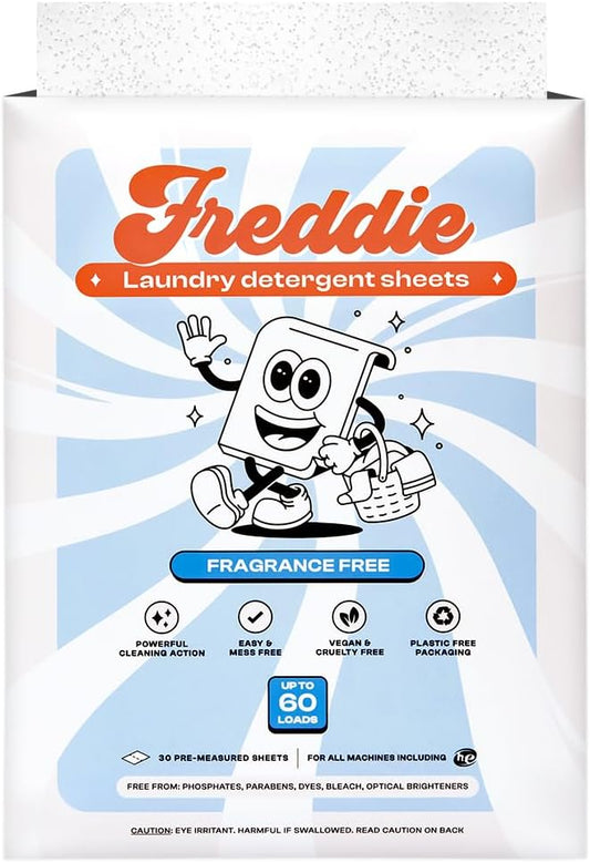 Freddie Low-Waste Laundry Detergent Sheets – Jug Free Format – Pre-Measured Strips – 60 Loads – Unscented for Sensitive Skin