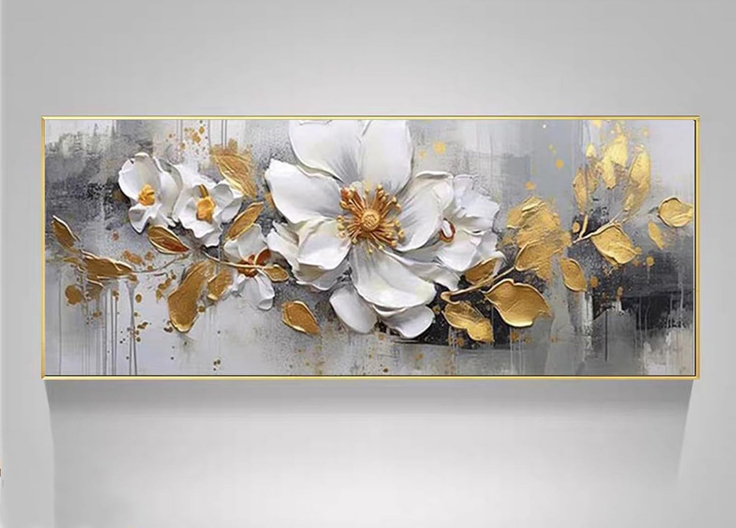 White Flower and Golden Leaf Wall Art for Living Room Hand Painted Floral Oil Painting on Canvas for Bedroom,Large Framed Artwork for Office Kitchen Wall Decor 24x56inch
