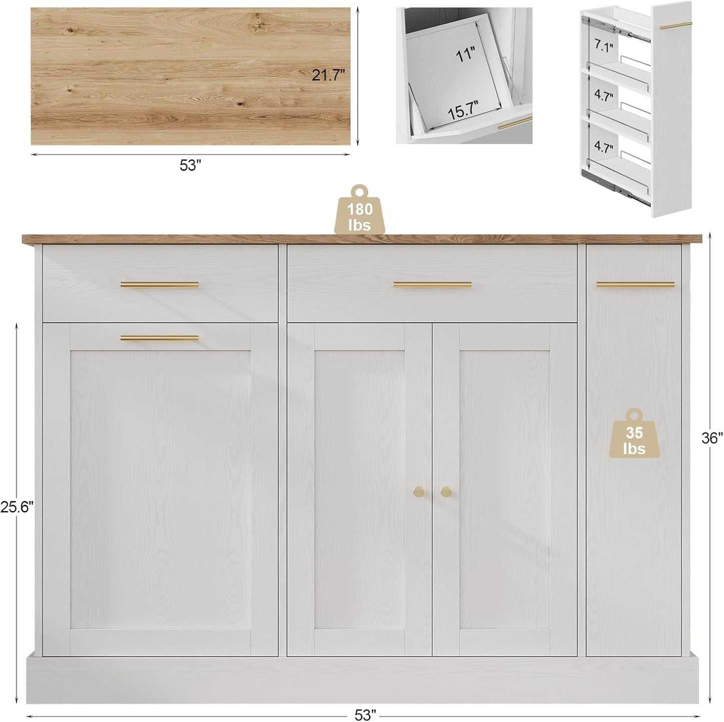 4 EVER WINNER Kitchen Island on Wheels with Storage,Rolling Kitchen Cart with Spice Rack & Towel Rack,Portable Island with Trash Can Storage,Mobile Islands for Dinning Room,White