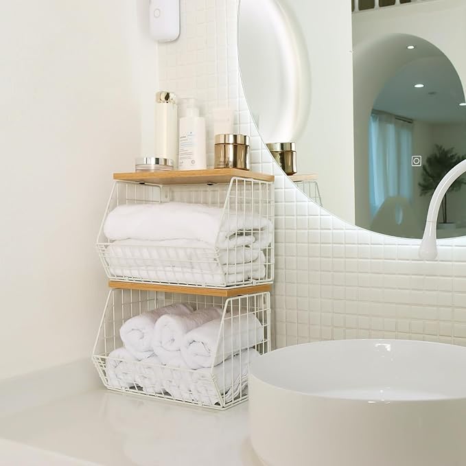 Fruit Basket, 2-Tier Fruit Bowl for Kitchen Counter, Stackable Wall Mounted Fruit Storage, Snack Organizer, Potato and Onion Storage Basket, Hanging Pantry Storage with Wood Lid, 2 Set, White