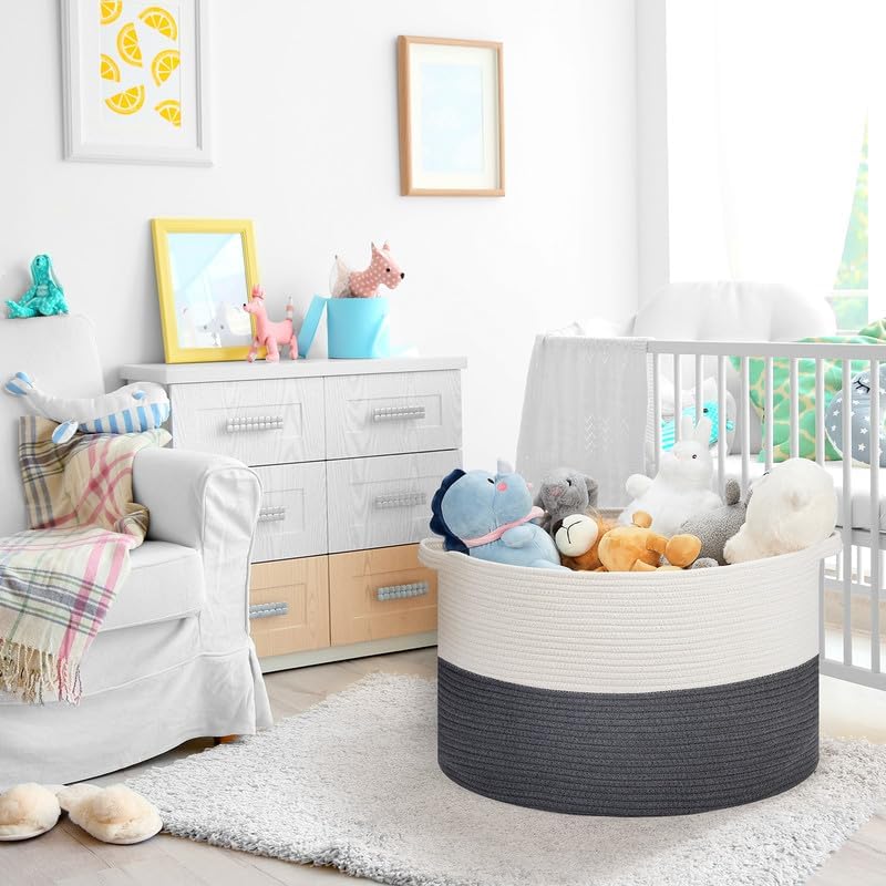 Ravinte Large Storage - 22"x 22"x 14" Blanket Basket for Living Room, Baby Toy Storage, Cotton Rope Woven Laundry (White-Gray)