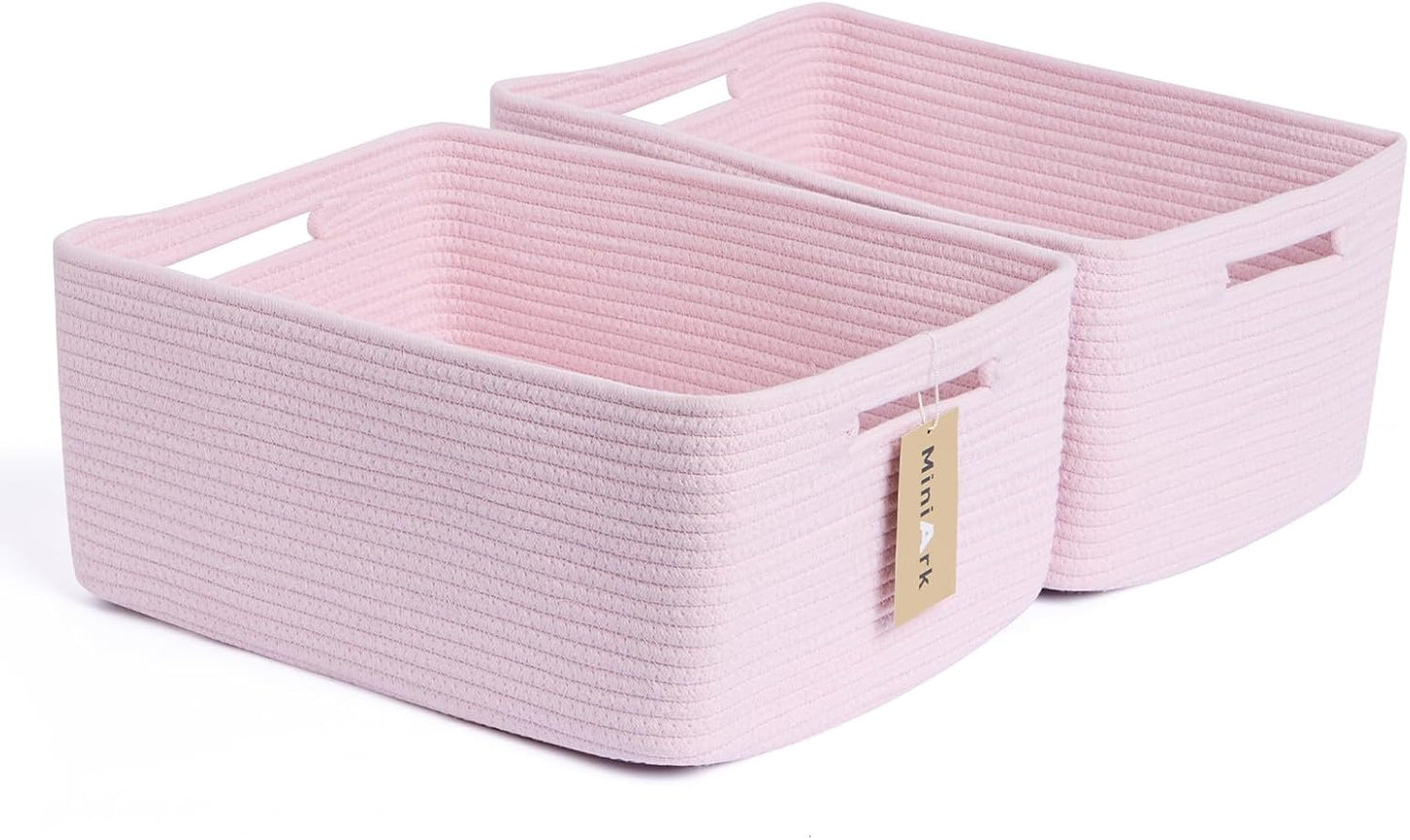 Large Storage Baskets for Shelves, Closet Organizers Bins for Clothes Blanket Towels, Baby Nursery, Toy Baskets Box, Woven Rope Baskets, 17 x 13 x 7.5”, 2 Packs Light Pink