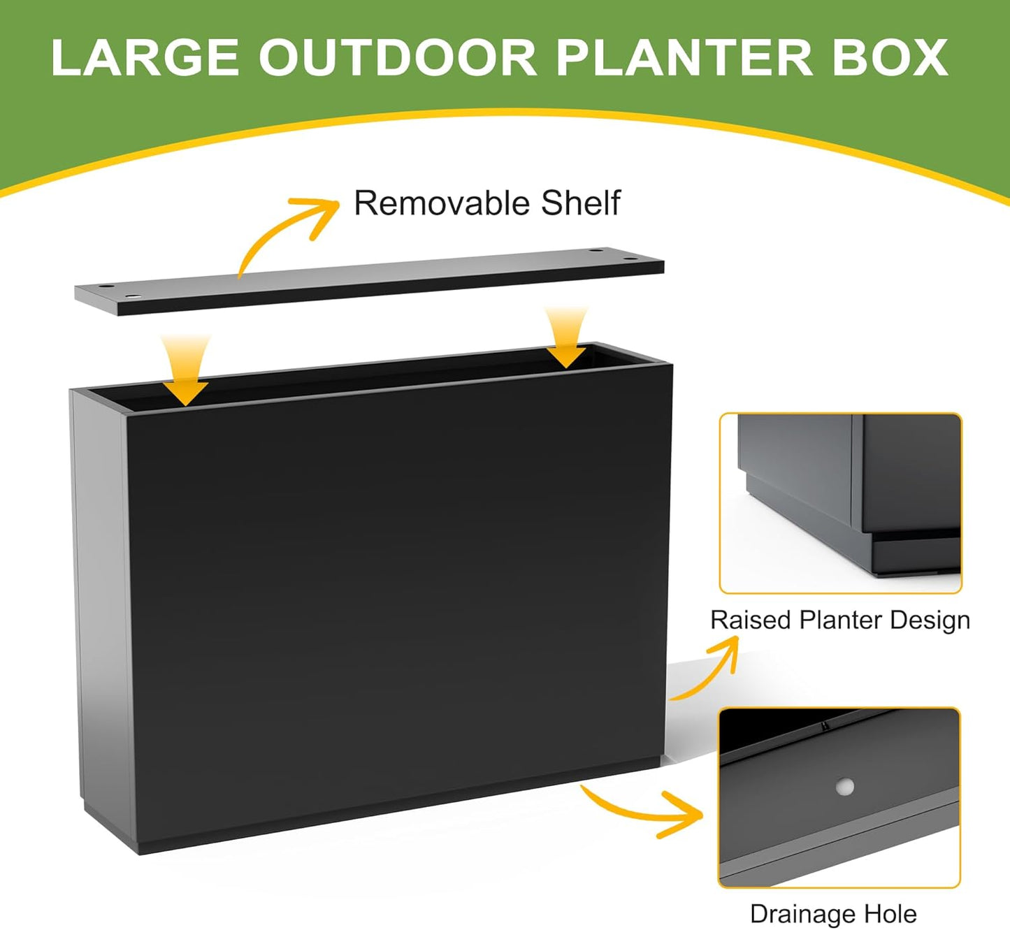 FENCY Metal Rectangular Planter Box Large Planters for Outdoor Plants, Rectangular Tall Planters for Outdoor Plants with Drainage Holes (35.4" L x 9" W x 25.6" H)