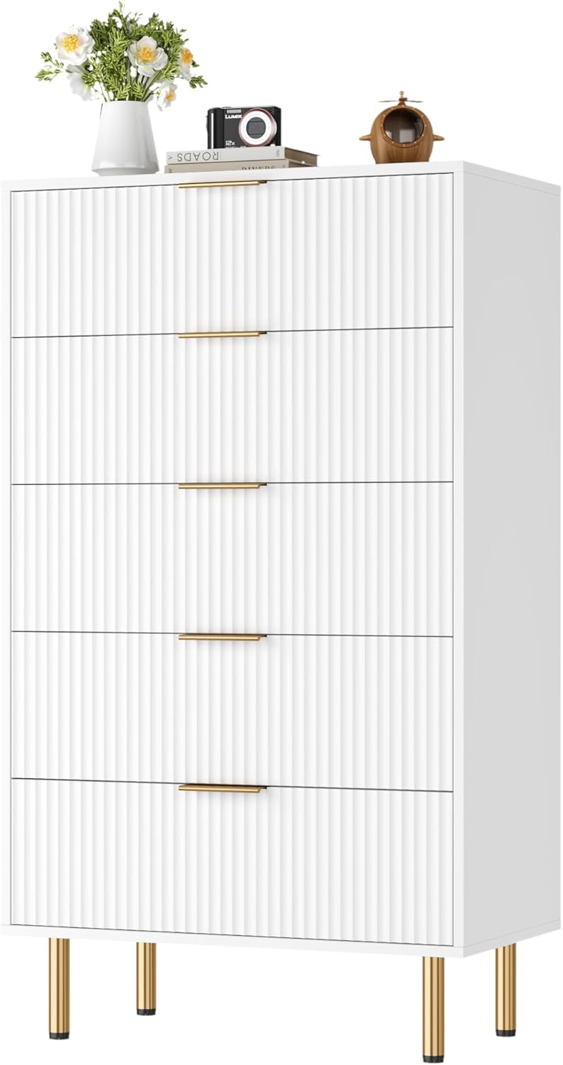 Fluted Wood Dresser 5 Drawers Dresser for Bedroom, Modern White Tall Dressers with Gold Handle, Wood Drawer Organizer for Bedroom, Living Room, Hallway, Entryway