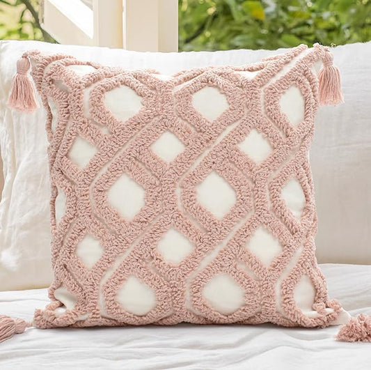 Boho Pillow Covers 18X18 Inch Boho Tufted Throw Pillow Covers Decorative Tassels Cushion Cover Farmhouse Pillow Case for Couch Sofa Bed Living Room Bedroom, Blush