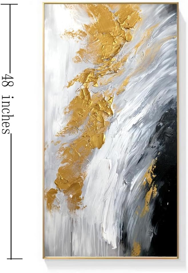 Hand-Painted Gold Abstract Oil Painting on Canvas for Entrance-Hall, Framed White and Black Wall Art for Living Room,Large Wall Picture for Bedroom Kitchen Home Decoration 24x48inch