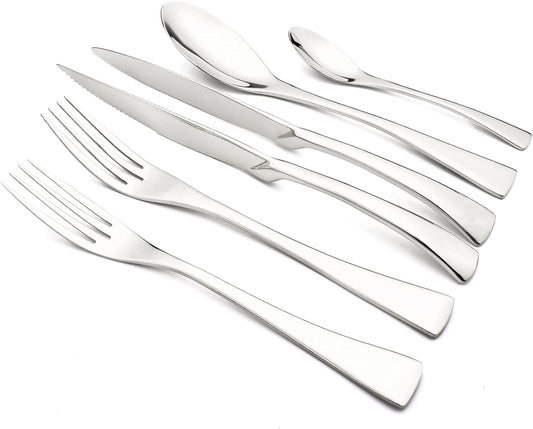 24-Piece Silver Flatware, Mirror 18/10 Stainless Steel Modern & Luxury Dinnerware Set With Serrated Steak Knife Teaspoon For Daily Use or Dinner Party Restaurant - Service For 4