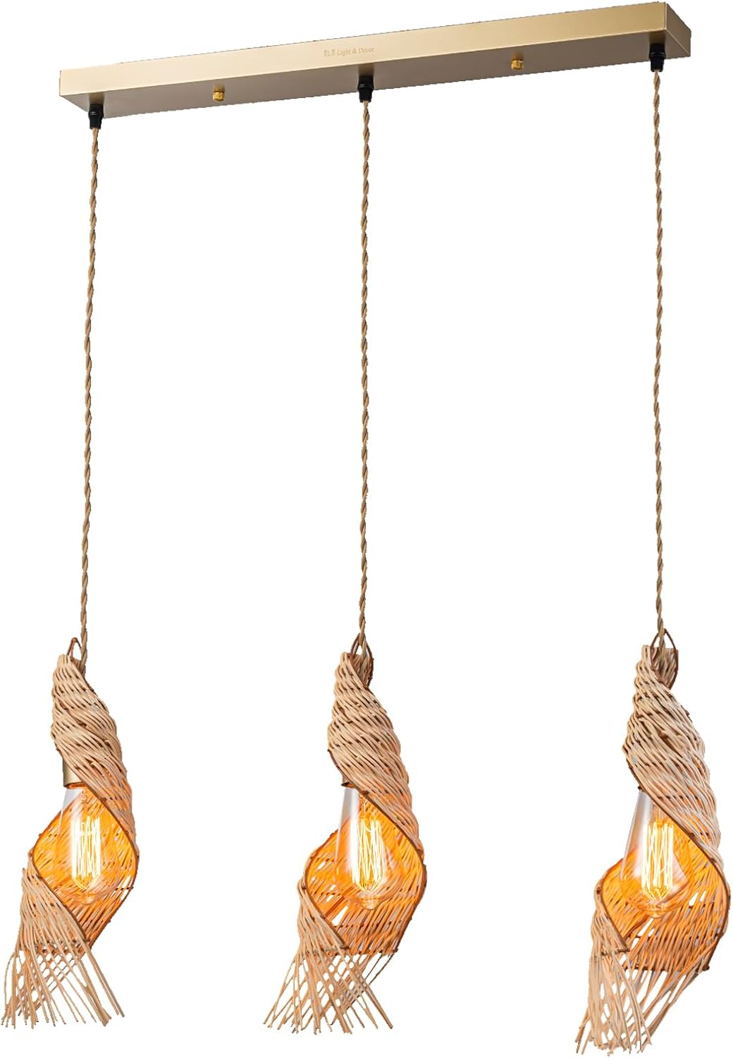 3-Light Modern Rattan Kitchen Island Pendant – Handmade Boho Ceiling Lamp – Spiral Woven Farmhouse Lighting 24" Wide