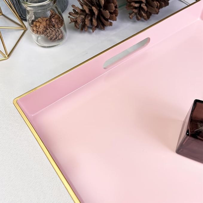 Pink Decorative Tray, Square Serving Tray with Handles, Plastic Coffee Table Tray for Ottoman, Living Room, Kitchen Tabletop, 13"x13"x1.6"