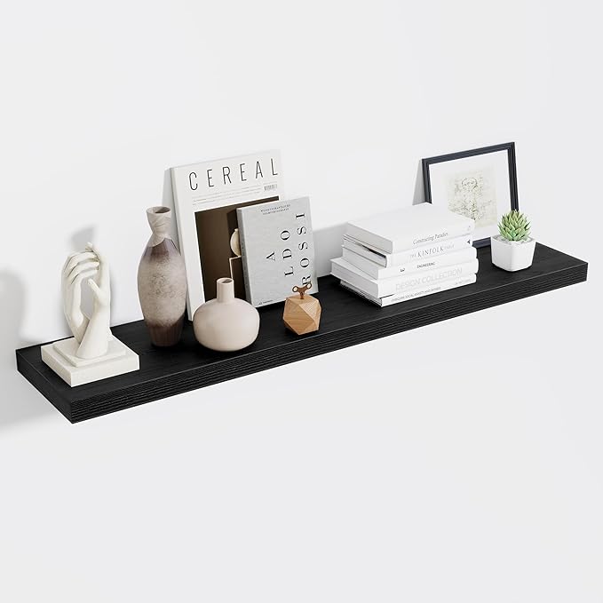 Fun Memories 55 Inch Fireplace Mentel Shelf, 10 Inch Deep Shelves for Display & Wall Storage, Rustic Wood Wall Shelf, Extra Long Floating Shelves for Living Room Laundry Room, Black, Set of 1