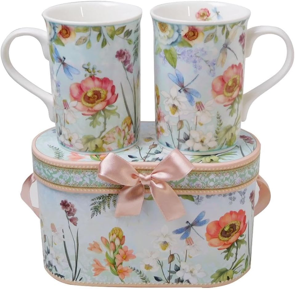 Lightahead Elegant Bone China Two Coffee Mugs Set in Floral Design 10.8 oz Each Cup in Attractive Gift Box