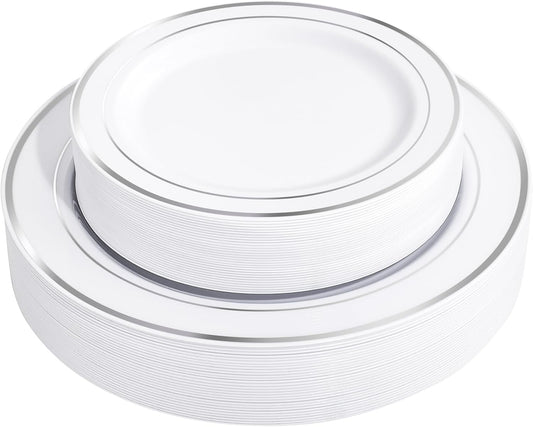 FLOWERCAT 60PCS Silver Plastic Plates - Heavy Duty White and Silver Plastic Plates Disposable - Include 30PCS 10.25inch Dinner Plates and 30PCS 7.5inch Dessert Plates for Wedding&New Year