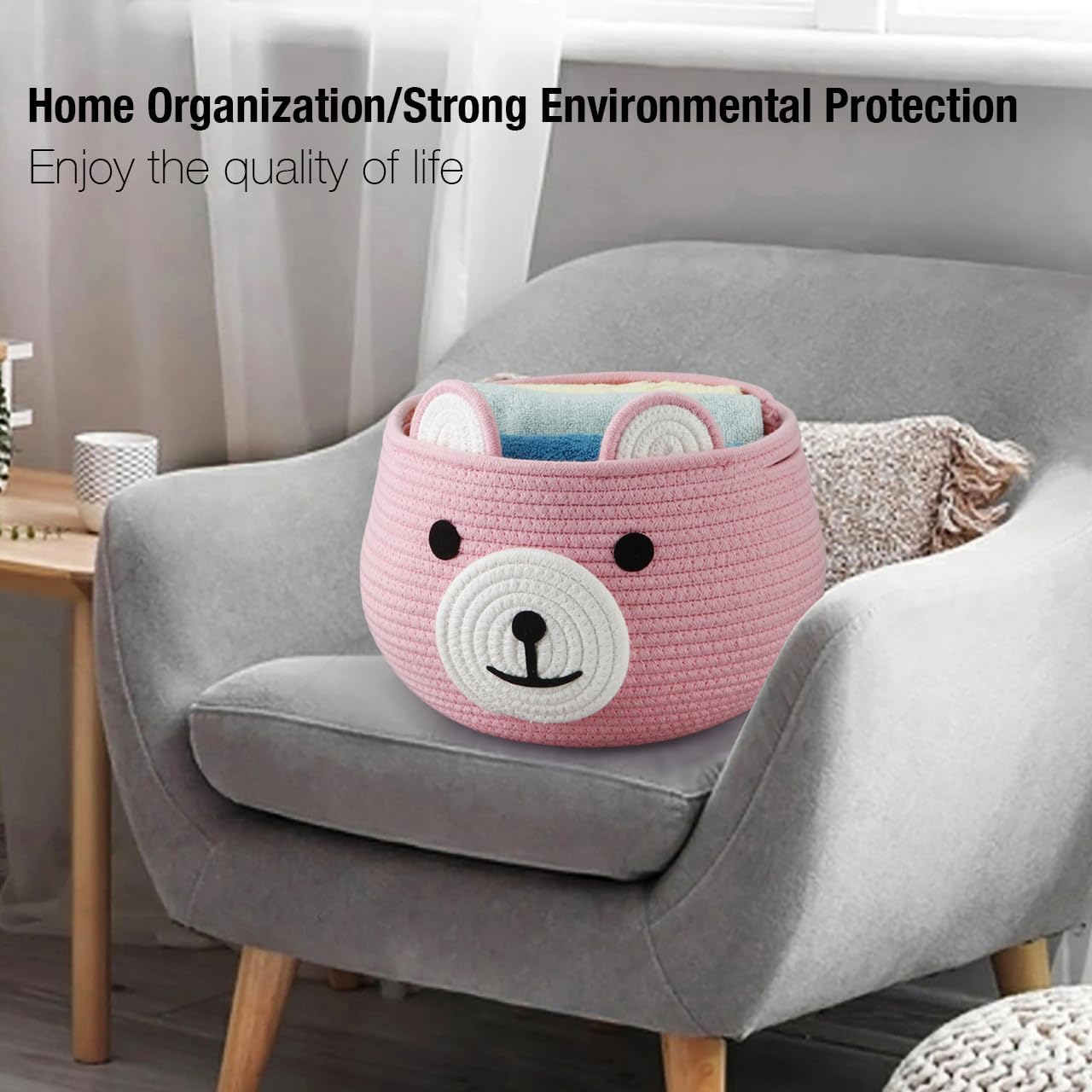 PandaEar Cotton Rope Baby Basket, Baby Gift Basket Nursery Laundry Organizer with Cute Bear Design for Storage Infant Newborn Essentials, Diaper Caddy with Handle (Pink)