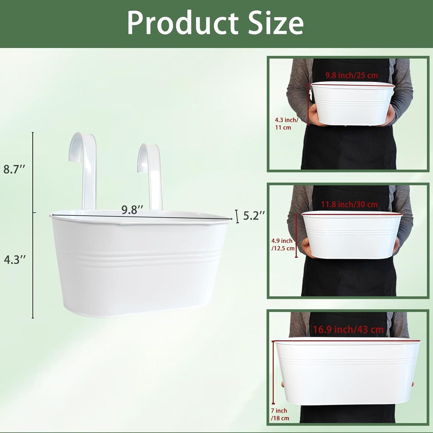 10" Hanging Flower Pots, Pack of 6 White Metal Outdoor Patio Balcony Planter, Railing Planters Fence Pot with Detachable Hook & Drainage Hole for Small Plants (White, 6Pcs)