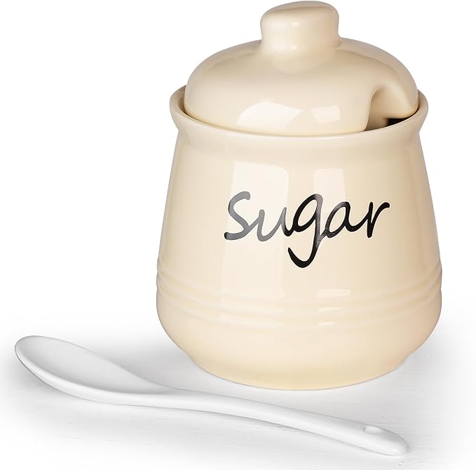HAOTOP 12oz Sugar Bowl with Lid and Spoon,Ceramic Sugar Jar Sugar Dispenser Sugar Container Coffee Bar Accessories, Kitchen Countertop Canisters, Beige
