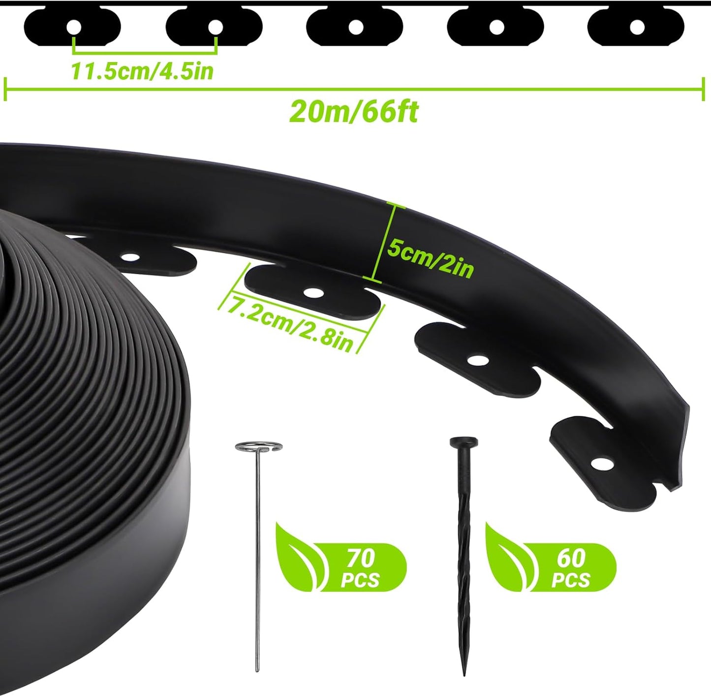 Greaner Edging for Landscaping 2 Inch Tall, 66FT Garden Edger Border, Landscaping Edging Border with 60 Plastic Spikes and 70 Solid Iron Spikes, Flexible Garden Border Edging for Garden Flower Beds