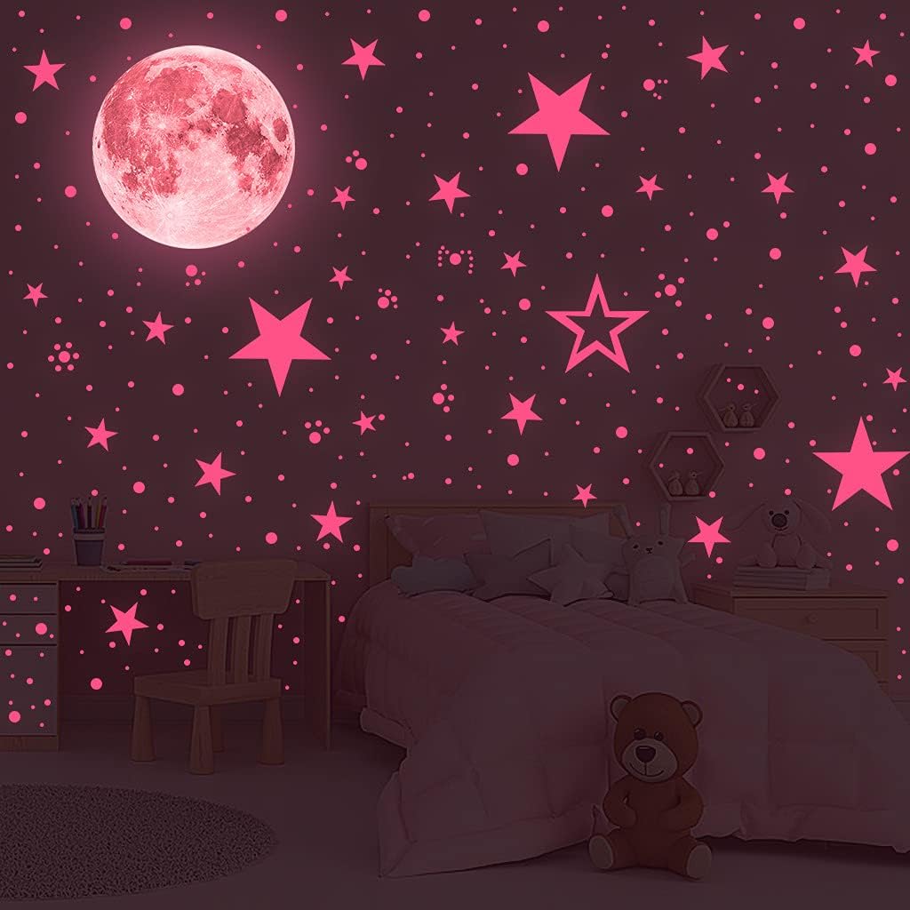 Glow in The Dark Stars and Moon Stickers for Ceiling, Luminous Wall Decals Decor for Bedroom Living Room, 407 dots + 27 Stars + 30cm Moon