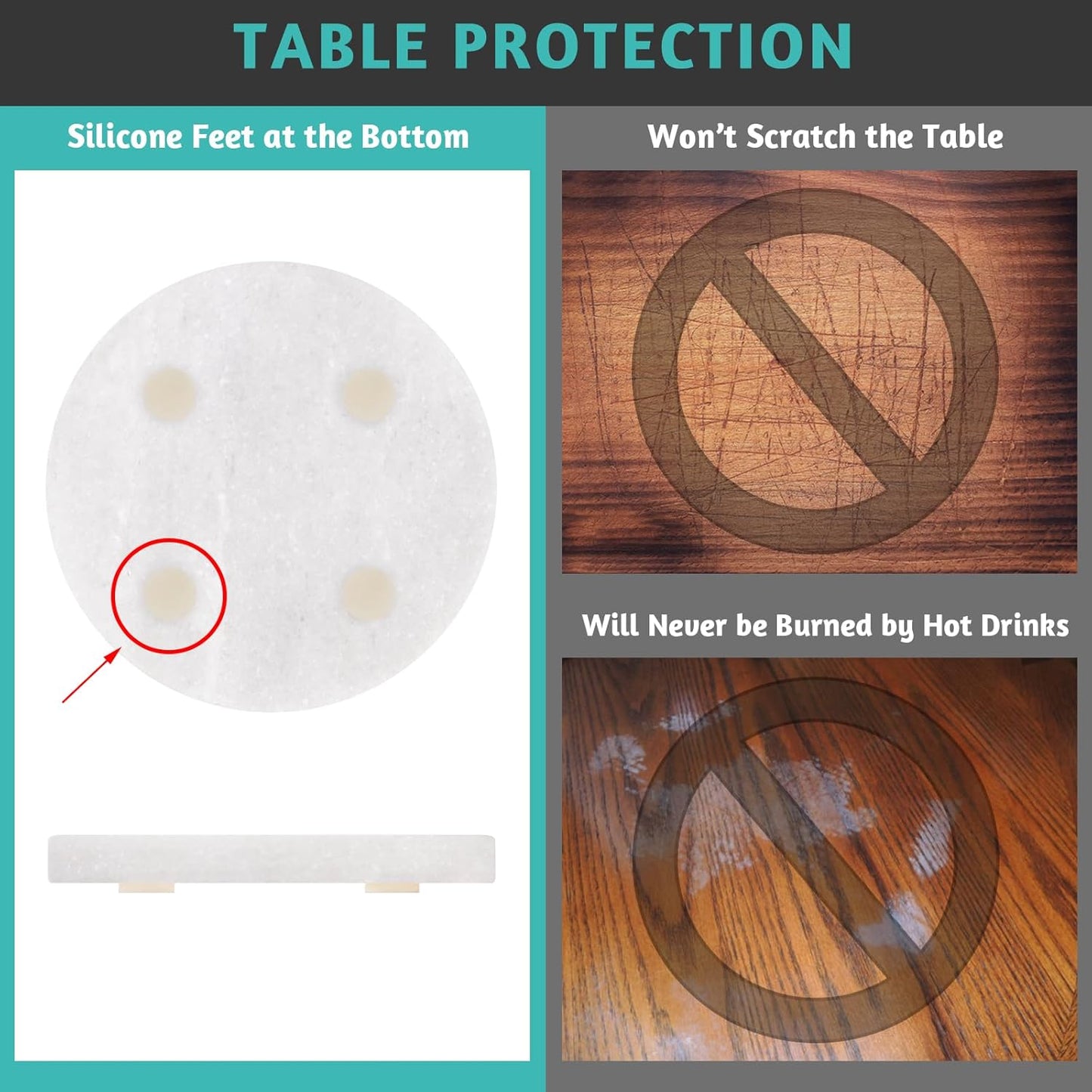 White Marble Coasters with Bling Particles, Set of 4 - Natural Marble Stone Drink Coaster with Protective Silicone Feet, 4 inch Diameter, 0.4 inch Thick - Heat-Resistant Coasters for Coffee Table