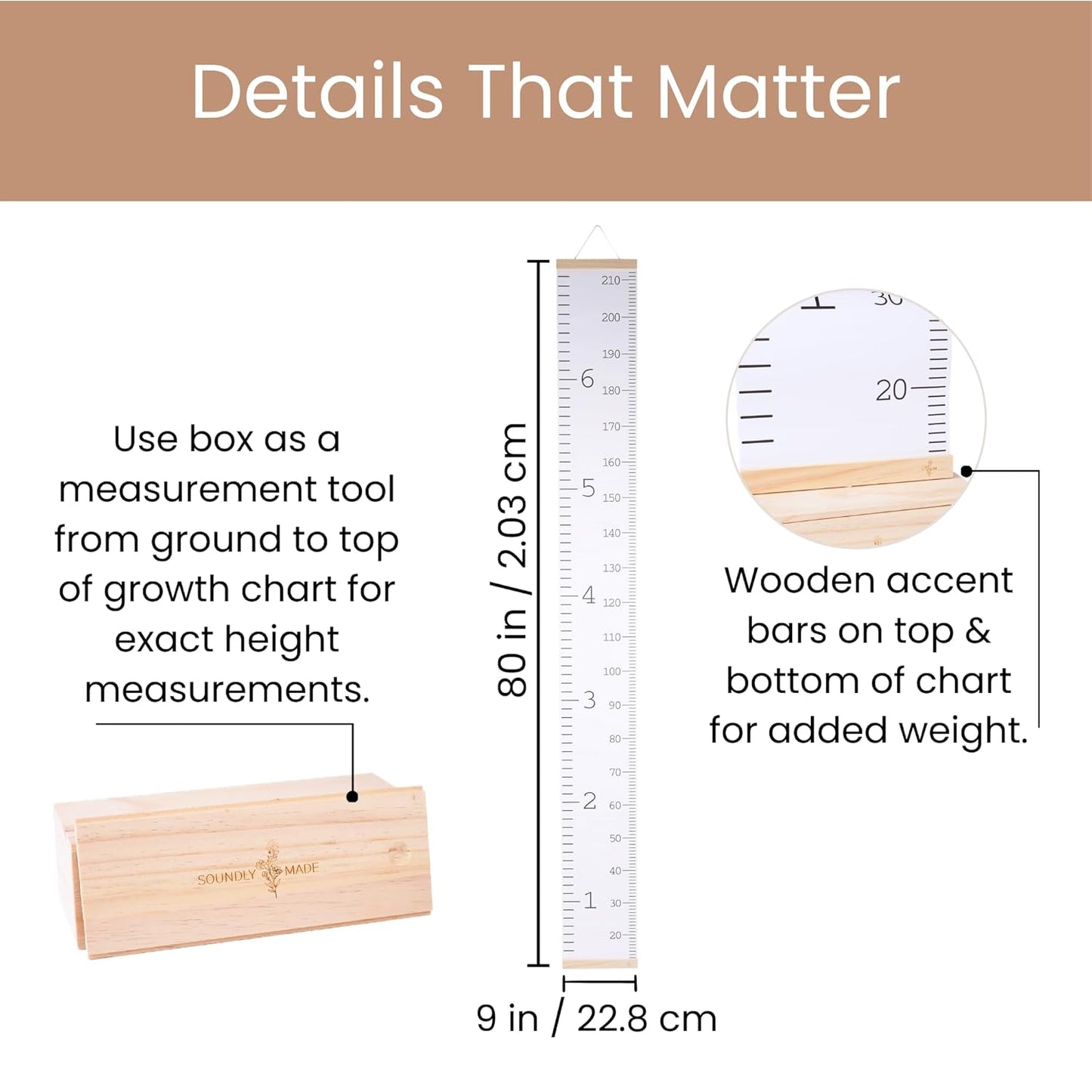 Growth Chart for Wall | Kids Height Chart Canvas Ruler with Wooden Storage Box | Waterproof Measuring Chart | Nursery Decor & Baby Shower Gift
