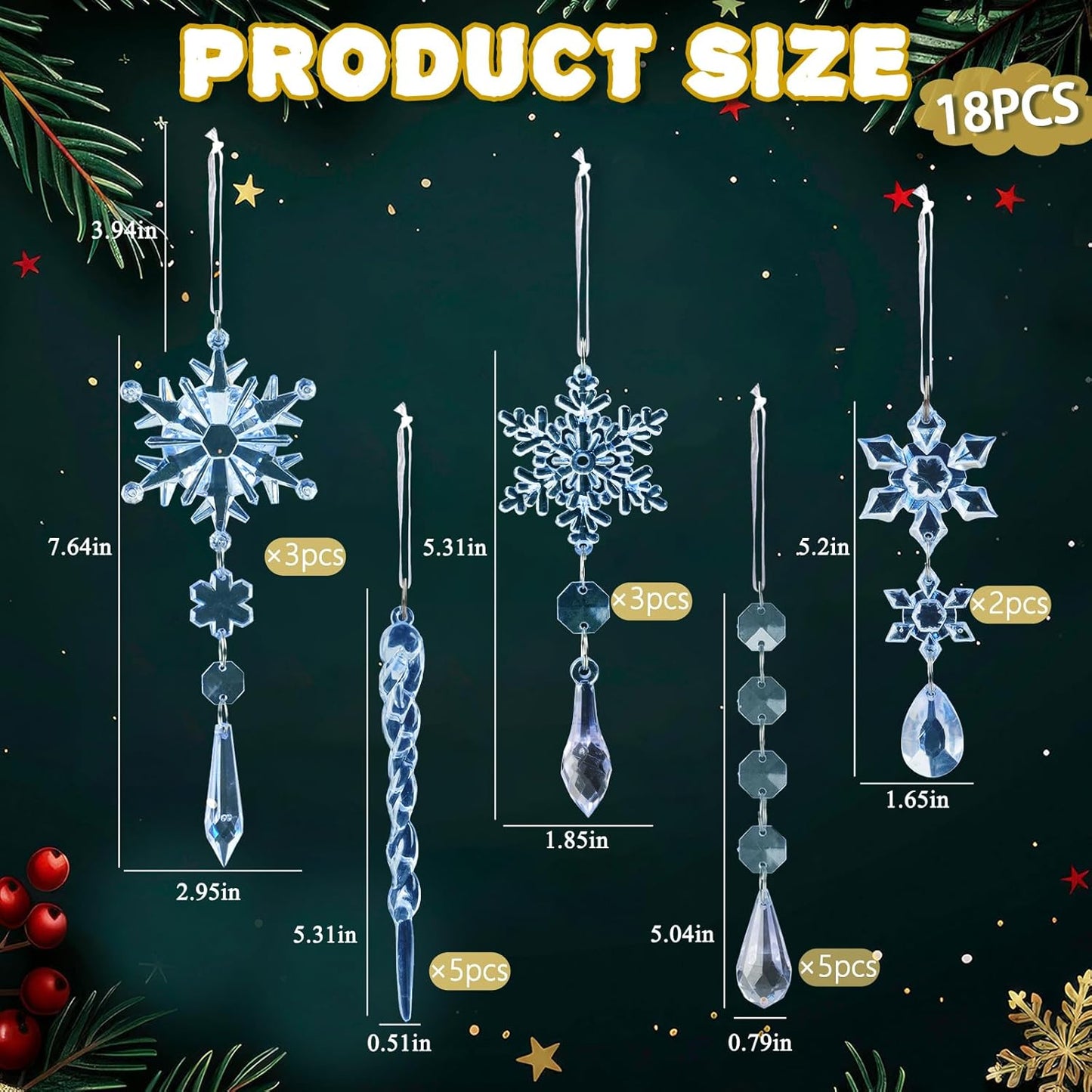 18pcs Crystal Christmas Ornaments for Christmas Tree Decorations-Blue Hanging Acrylic Snowflake and Icicle Ornaments with Drop Pendants for New Year Party Decorations Supplies