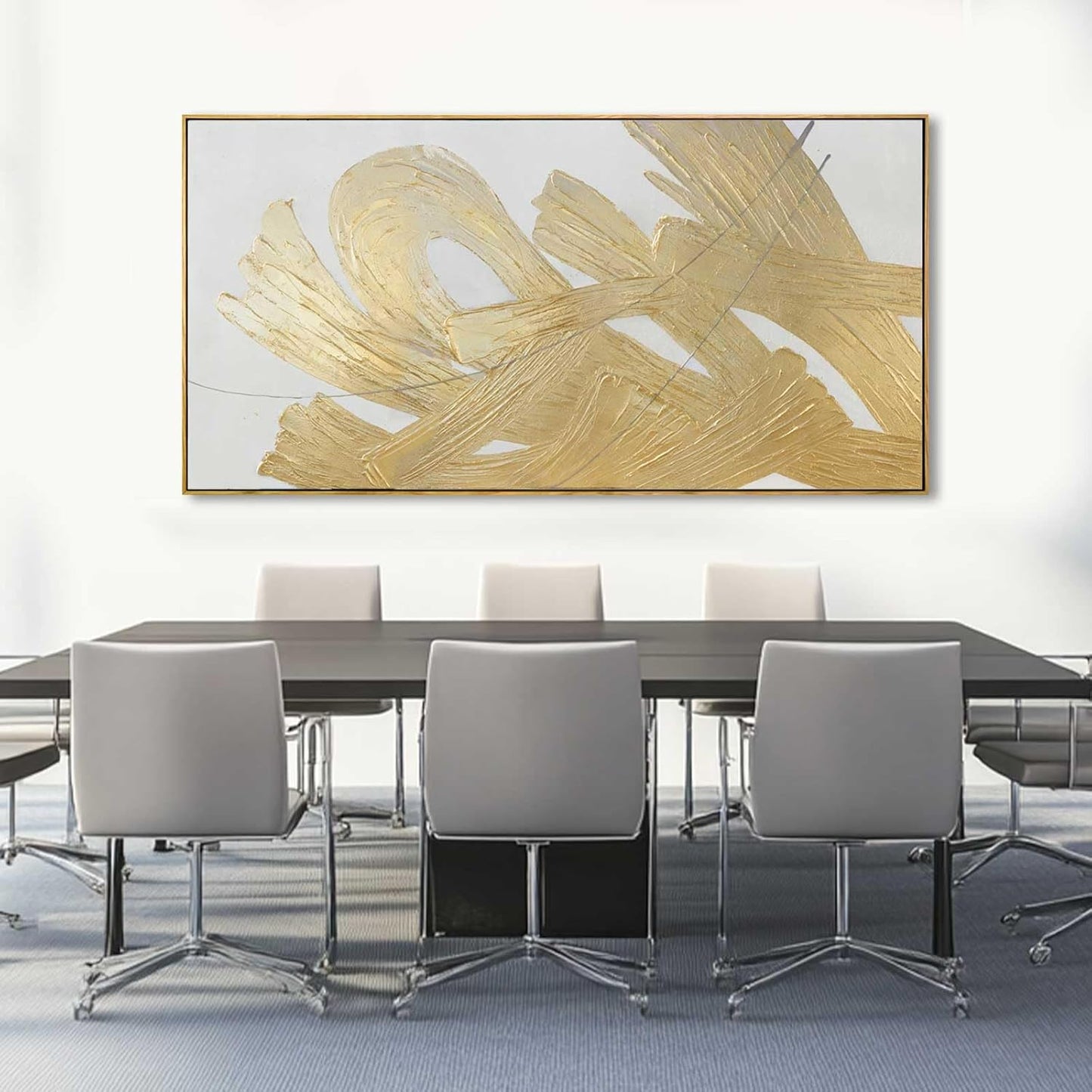 XIANSHOU White and Gold Wall Painting Neutral Wall Decor Modern Abstract Wall Art Minimalist Art 29"x58" Artwork for Living Room Kitchen Dining Room