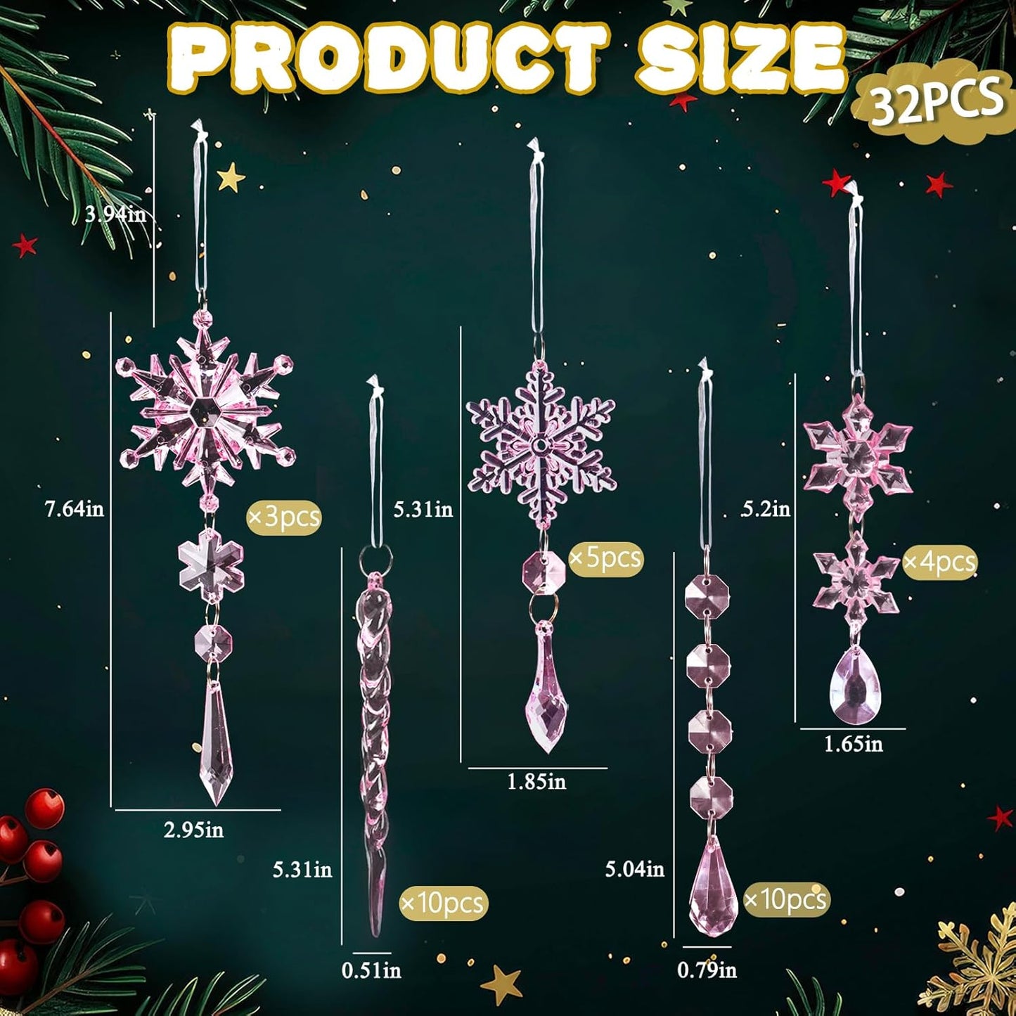 32pcs Crystal Christmas Ornaments for Christmas Tree Decorations-Pink Hanging Acrylic Snowflake and Icicle Ornaments with Drop Pendants for Xmas Winter Wonderland New Year Party Decorations Supplies