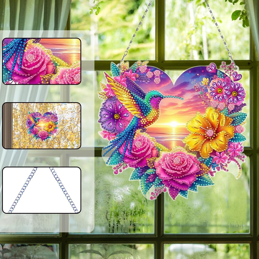 Flowers Hummingbird Diamond Art Kits,5D Diamond Hanging Ornament Kits,DIY Special Shaped Diamond Dot Kits,Home Porch Crystal Hanging Pendant Ornament (Colorful2)