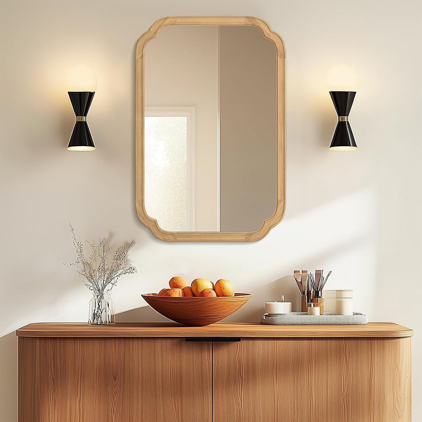 WallBeyond 20" x 30" Wood Mirror Rounded Corner Arch Wall Mirror with Wood Frame for Entryway, Living Room or Bedroom Home Decor [20" x 30" Natural Color]