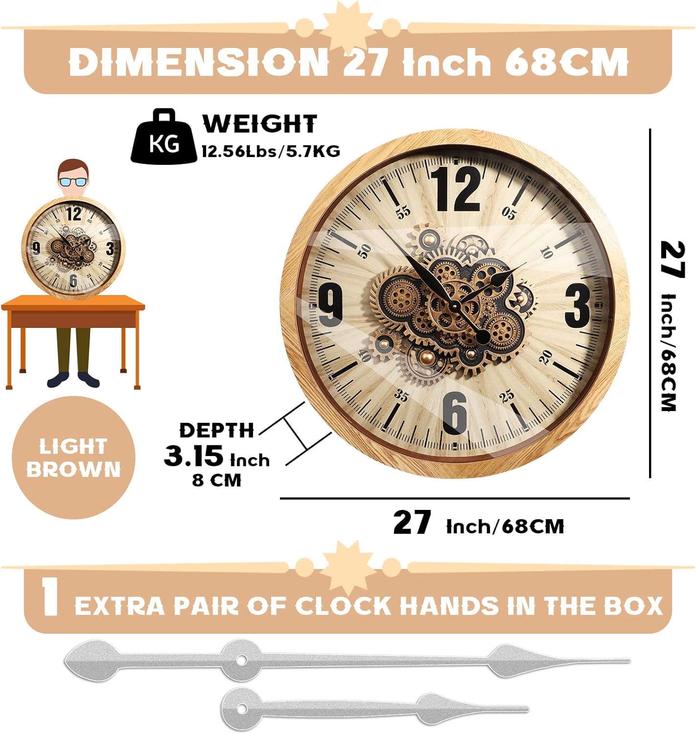 Wall Clocks for Living Room Decor, Large Real Moving Gears Clock, Vintage Industrial Oversized Rustic Farmhouse Kitchen Office Fireplace Wall Decor (Wood Tone, 27 inch)
