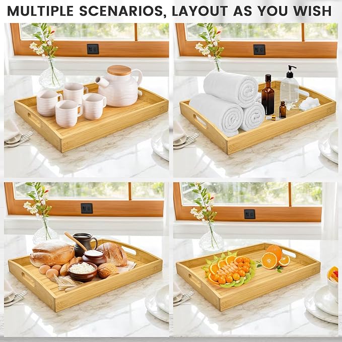 Bamboo Serving Tray with Handles Set of 3 - Decorative Wooden Trays for Eating, Working, and Storing, Suitable for Use in Bedroom, Living Room, Kitchen, Bathroom, Outdoor Scenarios and More