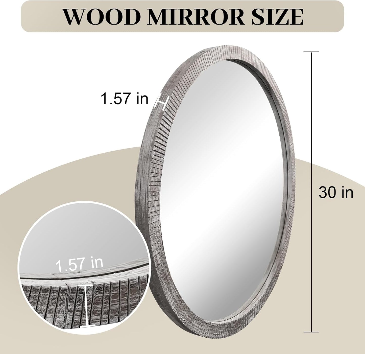 30" Round Wood Mirror, Large Round Mirror with Beveled, Wood Round Mirrors for Wall Decor, Rustic Circle Wall Mirrors for Entryway, Living Room, White Washed Frame