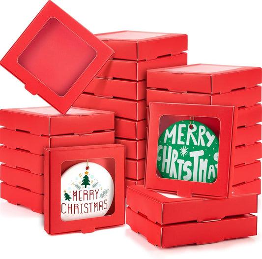 25 Pcs Sublimation Ornament Blanks Box 3.6"x3.6"x0.7" Christmas Ornaments Holder Ceramic Discs Packaging Box with Window for Personalized Xmas Tree Blanks Bulk (Red)