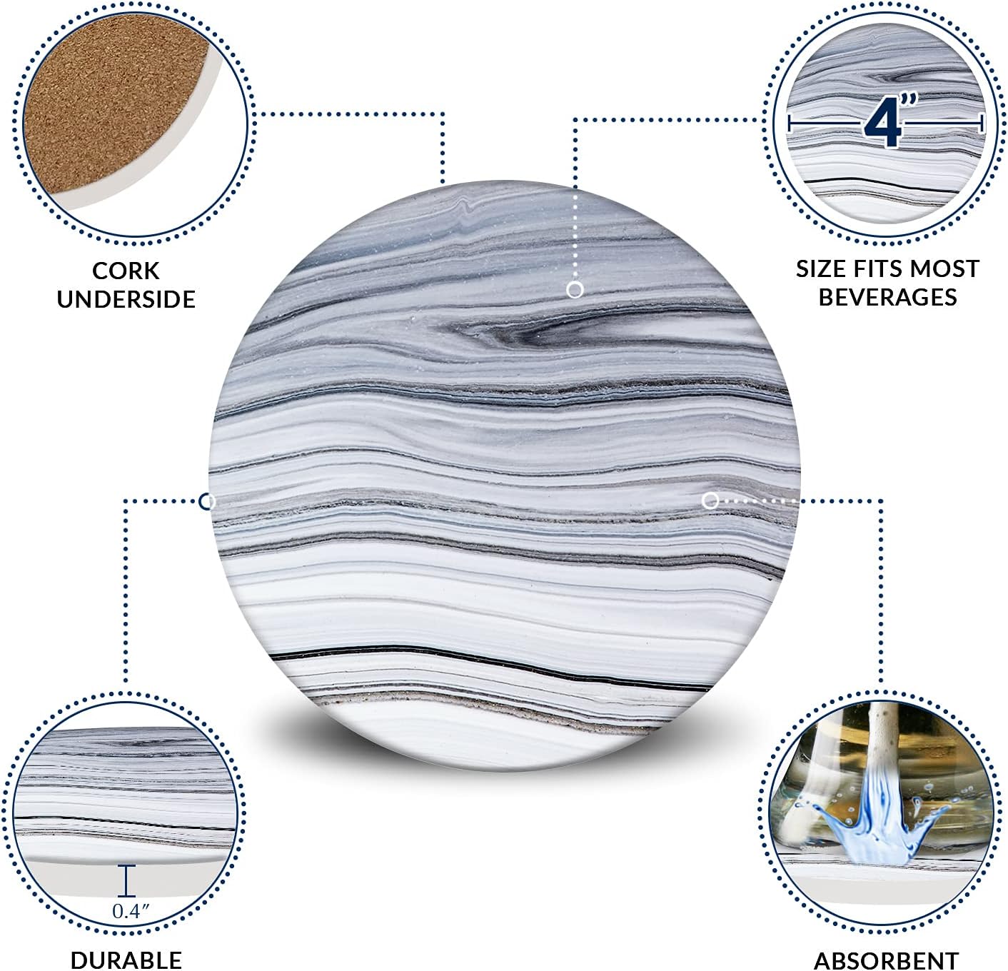 Emerson Coasters for Drinks Absorbent – Natural Stone Drink Coasters Set with Holder, Coasters for Coffee Table, Wooden Tabletop Protection Marble Style – 100% Heavy Duty Set of 6 (Sea)