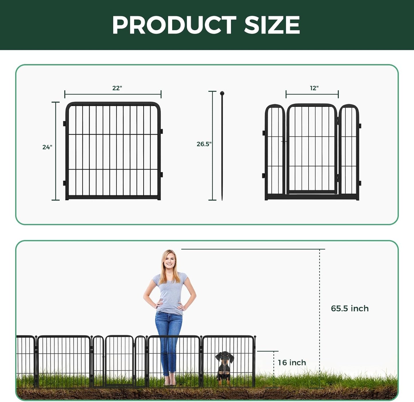 FXW Garden Fence Outdoor for The Yard – 24in(H) x 14.8ft(L) Heavy Duty Metal Animal Barrier for Dog and Rabbit, Decorative Dog Fence, 8 Panels, Black