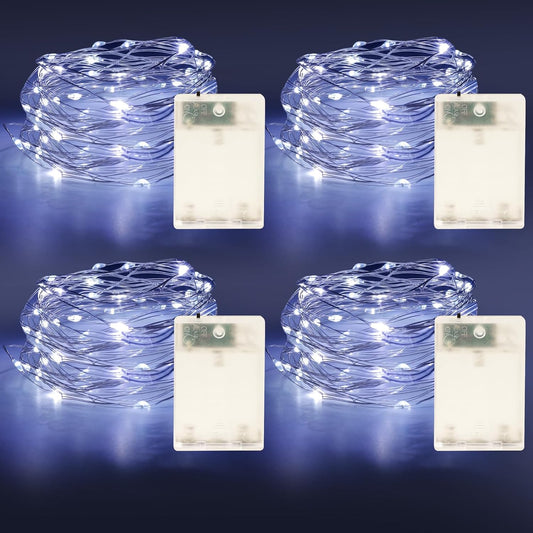 Fairy Lights Battery Operated String Lights 16.4ft 50LED Flashing and Constant Light Waterproof Silver Wire for Christmas DIY Party Bedroom Wedding (White, 4 Pack)