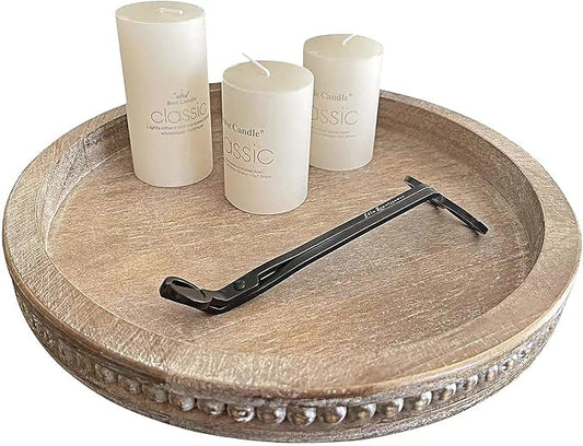 Round Wood Decorative Tray - Brown Washed Bead Tray for Coffee Table Wood Serving Tray Wooden Trays Decor Kitchen Counter Circle Tray Vintage Centerpiece for Living Room Candle Holder (15.75 inch)
