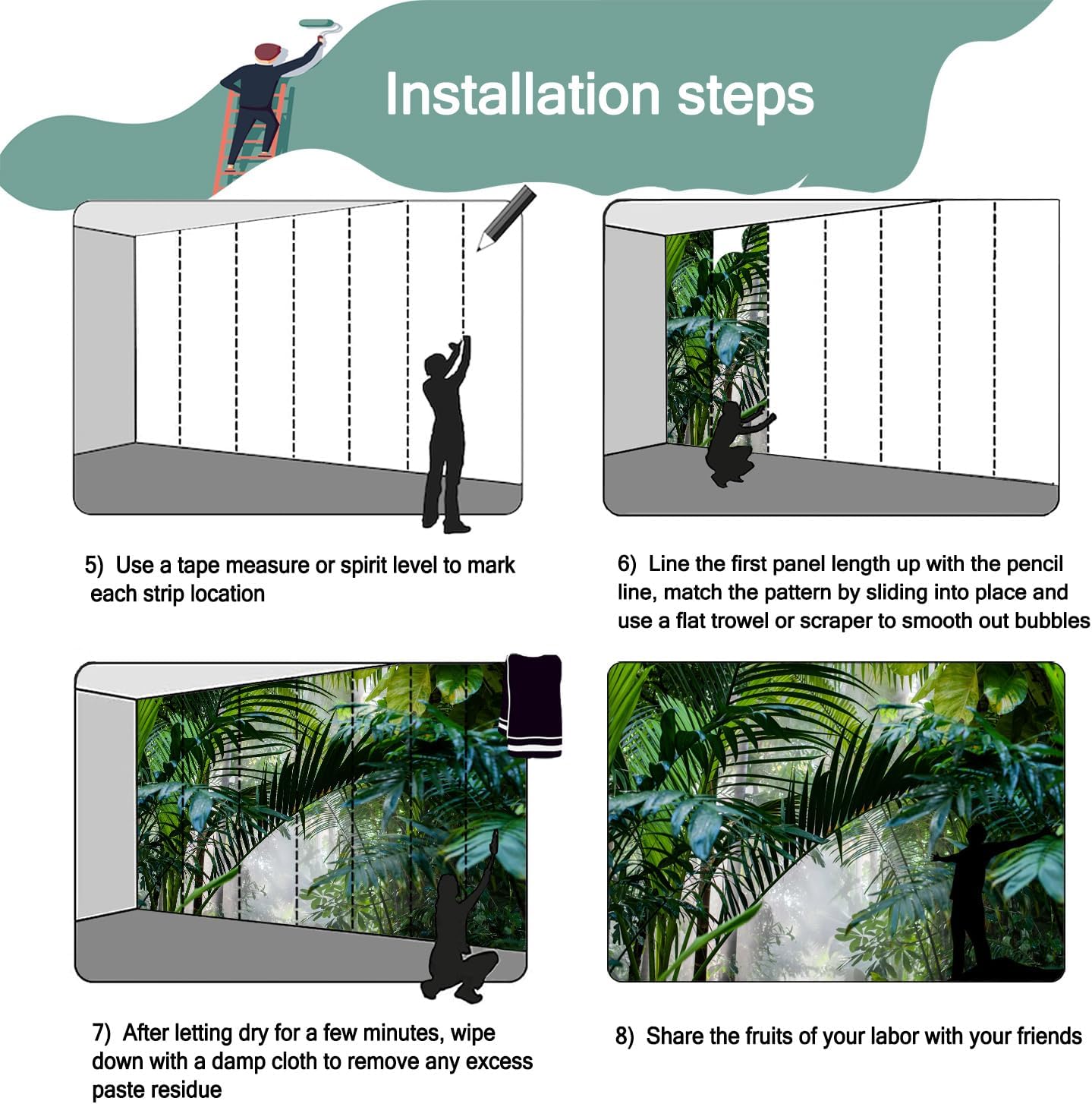 -Rainforest Leaves Fabric Wallpaper Green Trees Mural Bedroom 140" x 91" (Not Peel and Stick)