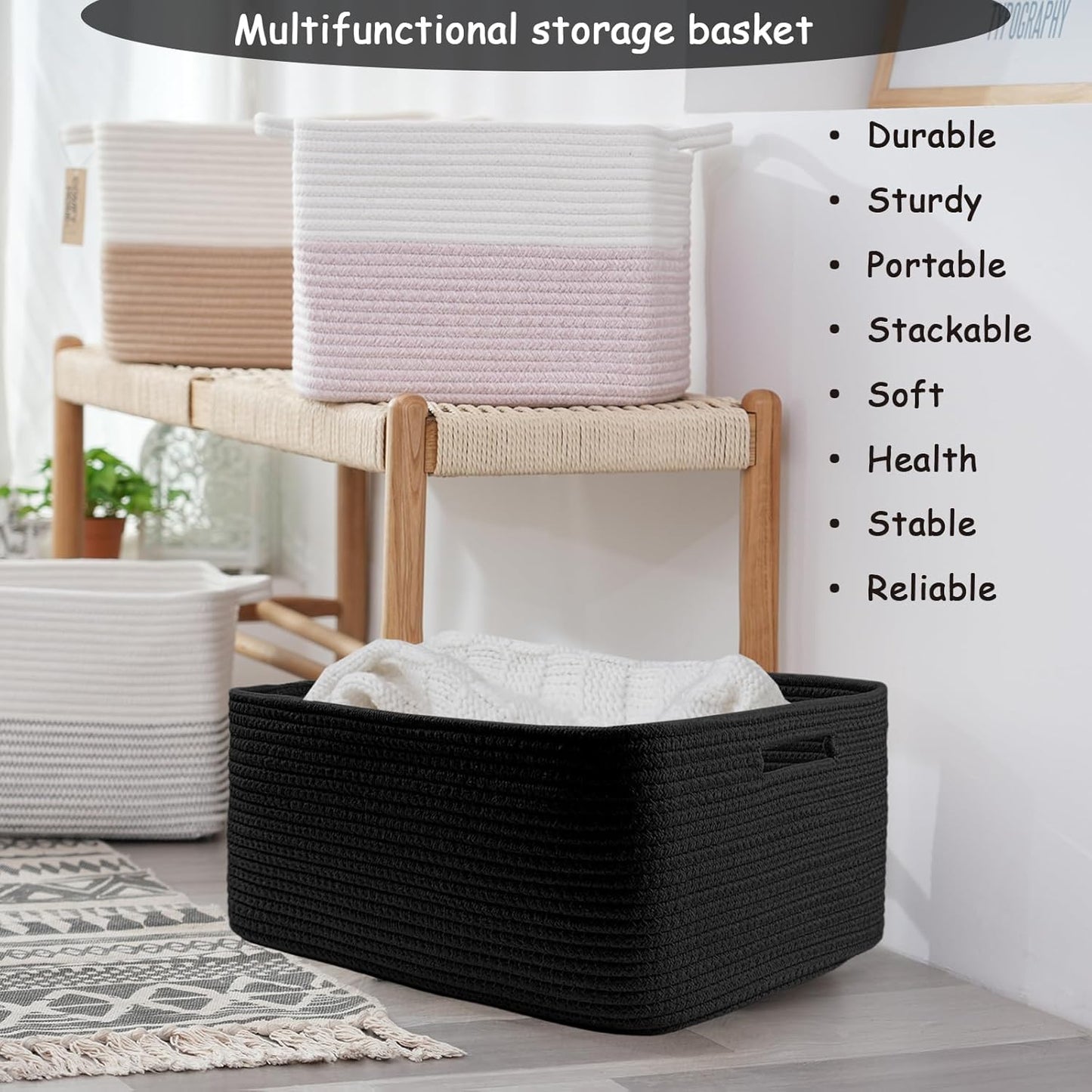 COMFY-HOMI Cotton Rope Woven Basket with Handles for Shelves,Toys,Book, Cloth Storage Baskets for Organizing-17" x 13" x 7.5" Toy Decorative Organizer for Living Room, Bathroom （all black）