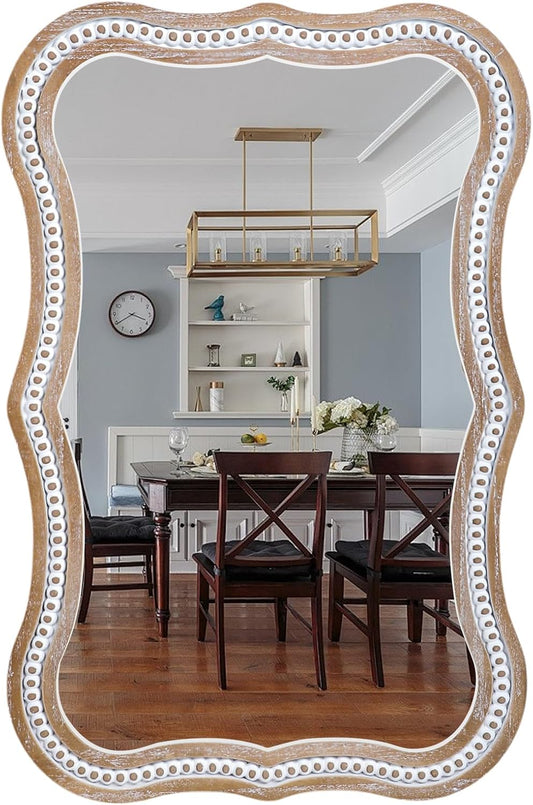35" x 24" Rustic Farmhouse Mirror for Wall Decor, Wooden Beads Decorative Mirrors for Living Room, Bedroom, Hallway, Bathroom, Entryway - Vertical or Horizontal Hanging