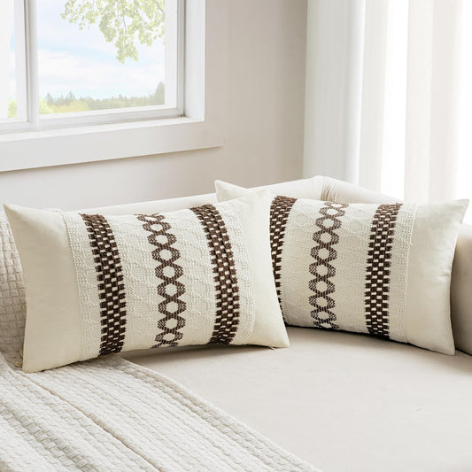 MIULEE Set of 2 Dark Brown Boho Decorative Lumbar Pillow Covers 12x20 Inch Farmhouse Rustic Couch Throw Pillows Modern Cotton Cushion Covers Retro Cute Macrame Woven Home Decor for Bed Sofa Chair